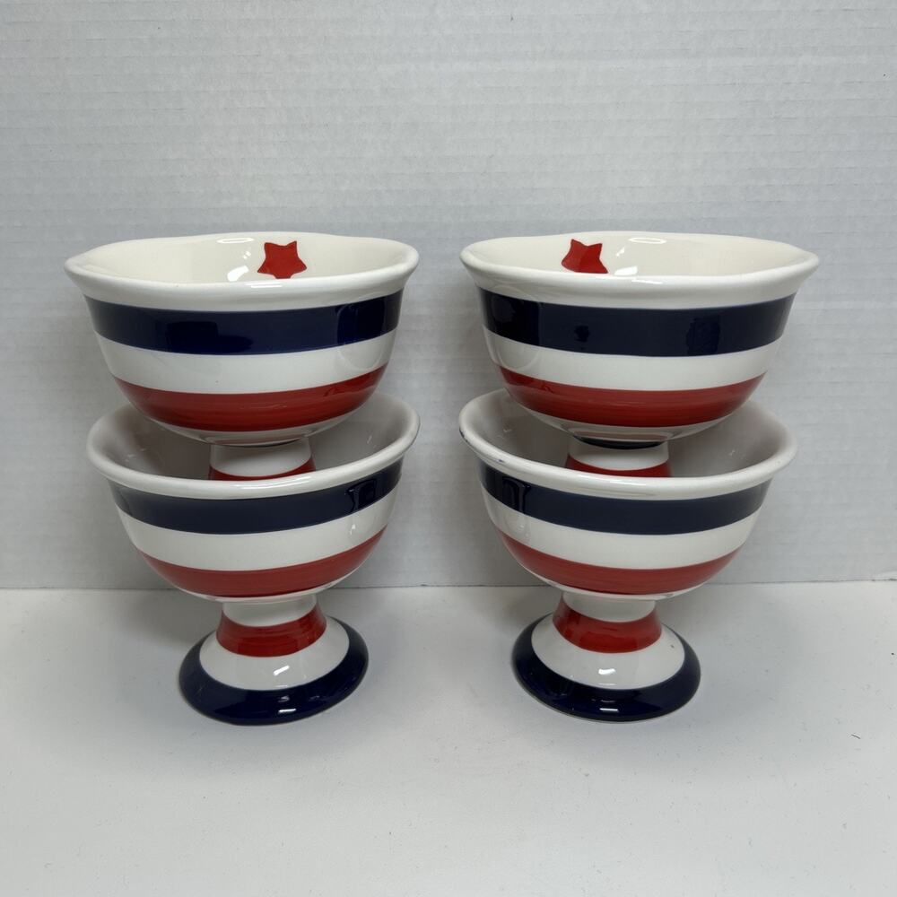 Grace's Teaware ICE CREAM Dessert Bowl Ceramic Blue Red White Striped Qty 4